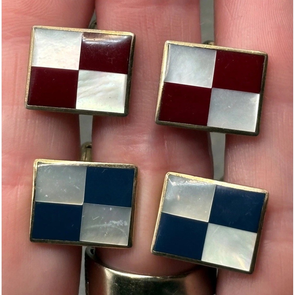 Vintage Set Of 2 Mother of Pearl Checkerboard Cufflinks Navy Red White Gold Tone